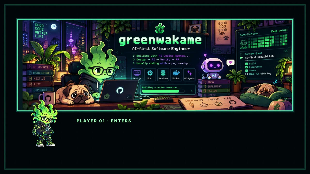 A pixel-art scene featuring greenwakame, a pug, an AI companion, and the GitHub profile dashboard.